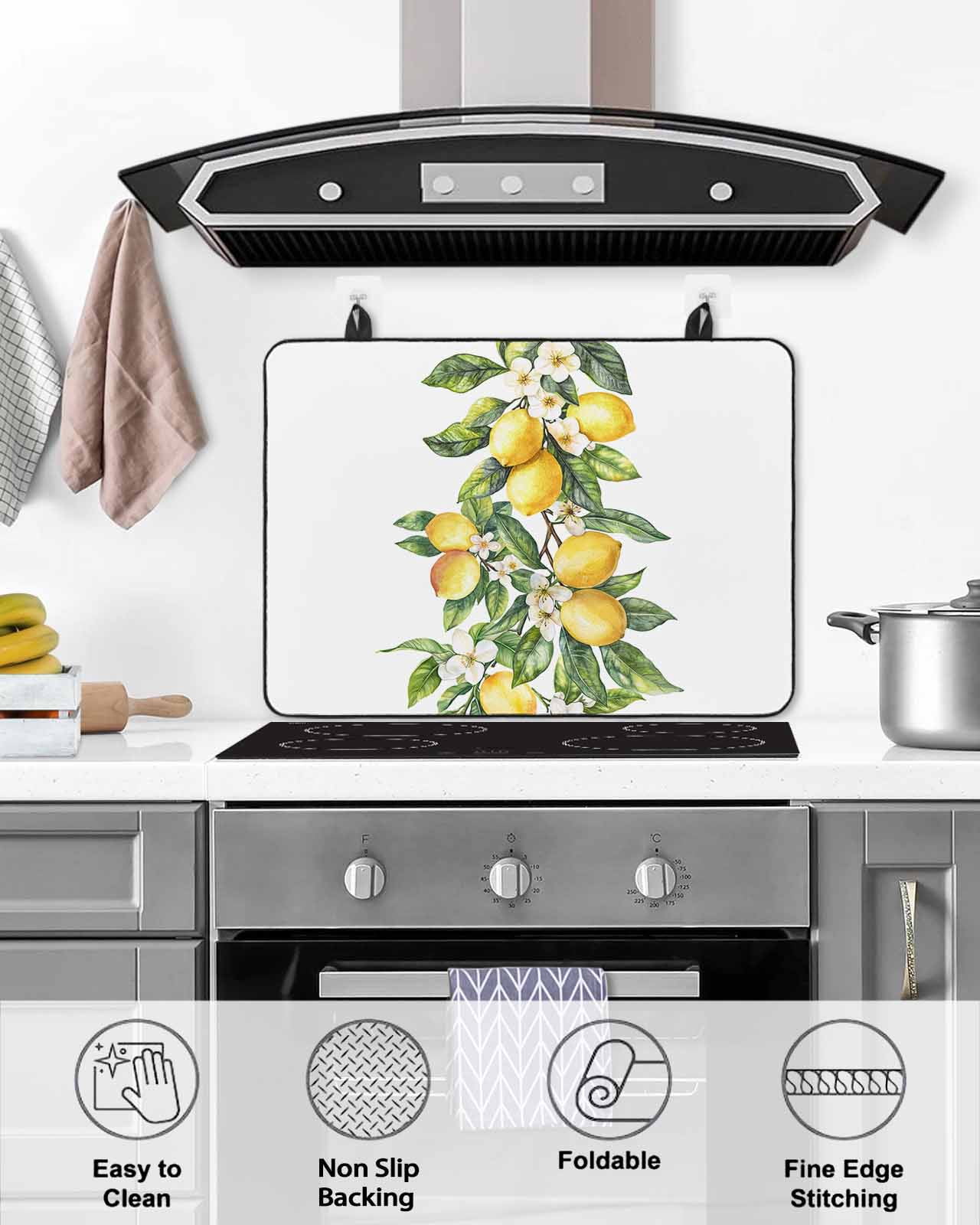 nqOlkjepod Large Induction Cooktop Protector Mat 24"x21", Yellow Lemon Stove Top Covers for Electric Stove, Simple Spring Botanical Fruit Leaves Flower Stove Burner Cover Mats, Glass Top Stove Cover