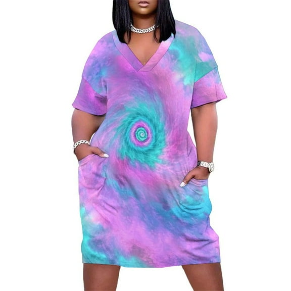 Colorful Tie Dye Vortex Summer Sundress for Curve Women Casual Pattern Plus Size V Neck Short Sleeve Loose Fit Oversize Dresses