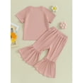 thumbnail image 5 of Musuos Toddler Girl Summer Outfits 1-5T Short Sleeve Ribbed Knit Tops T-Shirts Solid Color Elastic Waist Flare Pants 2Pcs Clothes Set, 5 of 10