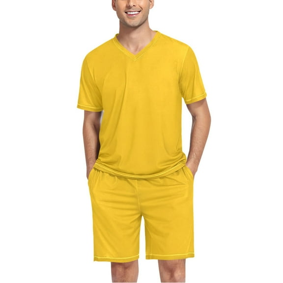 joogoo Men's Pajama Set Solid Yellow V-Neck Pj Shorts Set 2 Piece Loungewear Sleepwear L