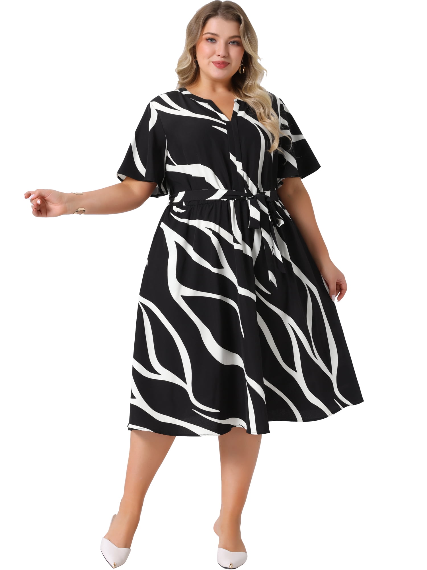 DARING DIVA Plus Size Short Sleeve Notched V Neck Midi Dress 2X Black