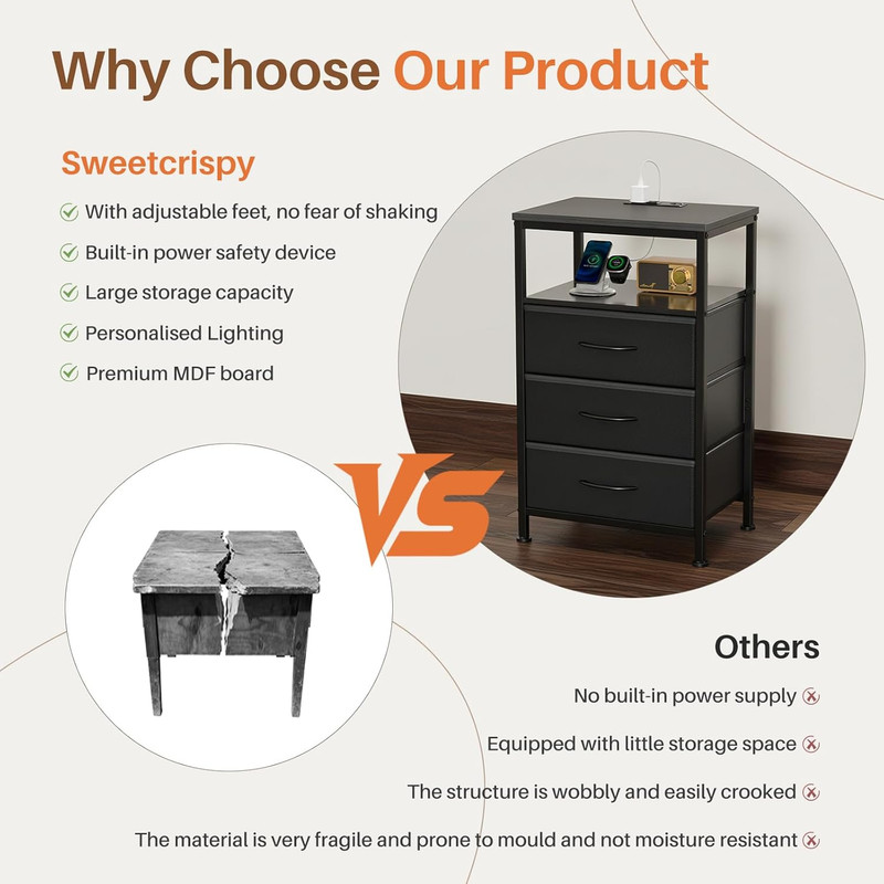 Simenmax Nightstand with Charging Station & LED Lights, 3 Drawer Bedside Table with Variable Light Strip, Modern Industrial Bedroom Furniture, Black