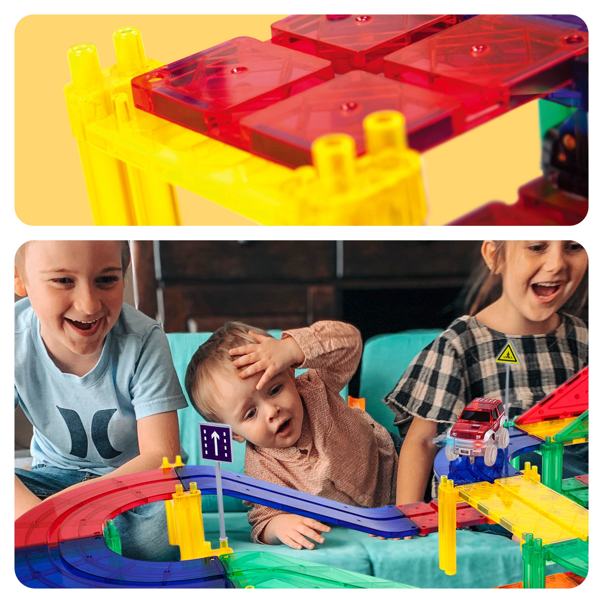 PicassoTiles Race Track Magnetic Tiles for Kids with 2 Racing Cars – 100PCS STEM Construction Building Blocks Educational Toy Set