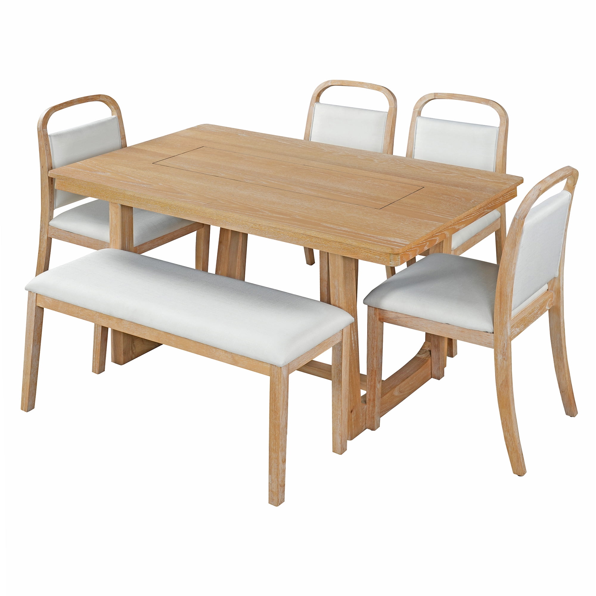 Euroco Farmhouse 6-Piece Dining Table Set for 6, Wood Rectangular Kitchen Table with 4 Upholstered Chairs & 1 Bench for Dining Room, Kitchen,Natural