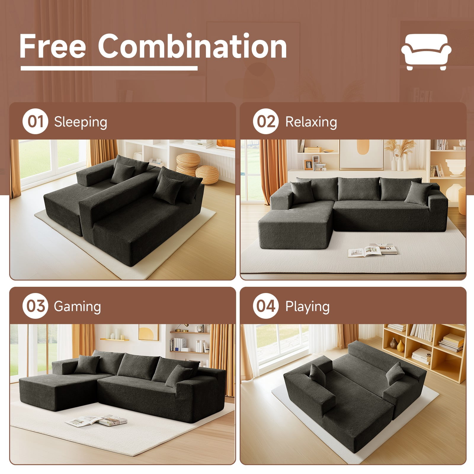 Vinform 103.54 Inch Velvet Sectional Sofa, Modern L-Shaped Modular Sofa with High-Density Foam (Includes Chaise Lounge and Throw Pillows) Upholstered Cloud Sofa for Living Rooms(Dark Gray/Right Side)