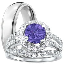 LaRaso Co His Her CZ Wedding Ring Set 3 PCS TRIO Amethyst CZ Silver Titanium Couples Bands 9/13