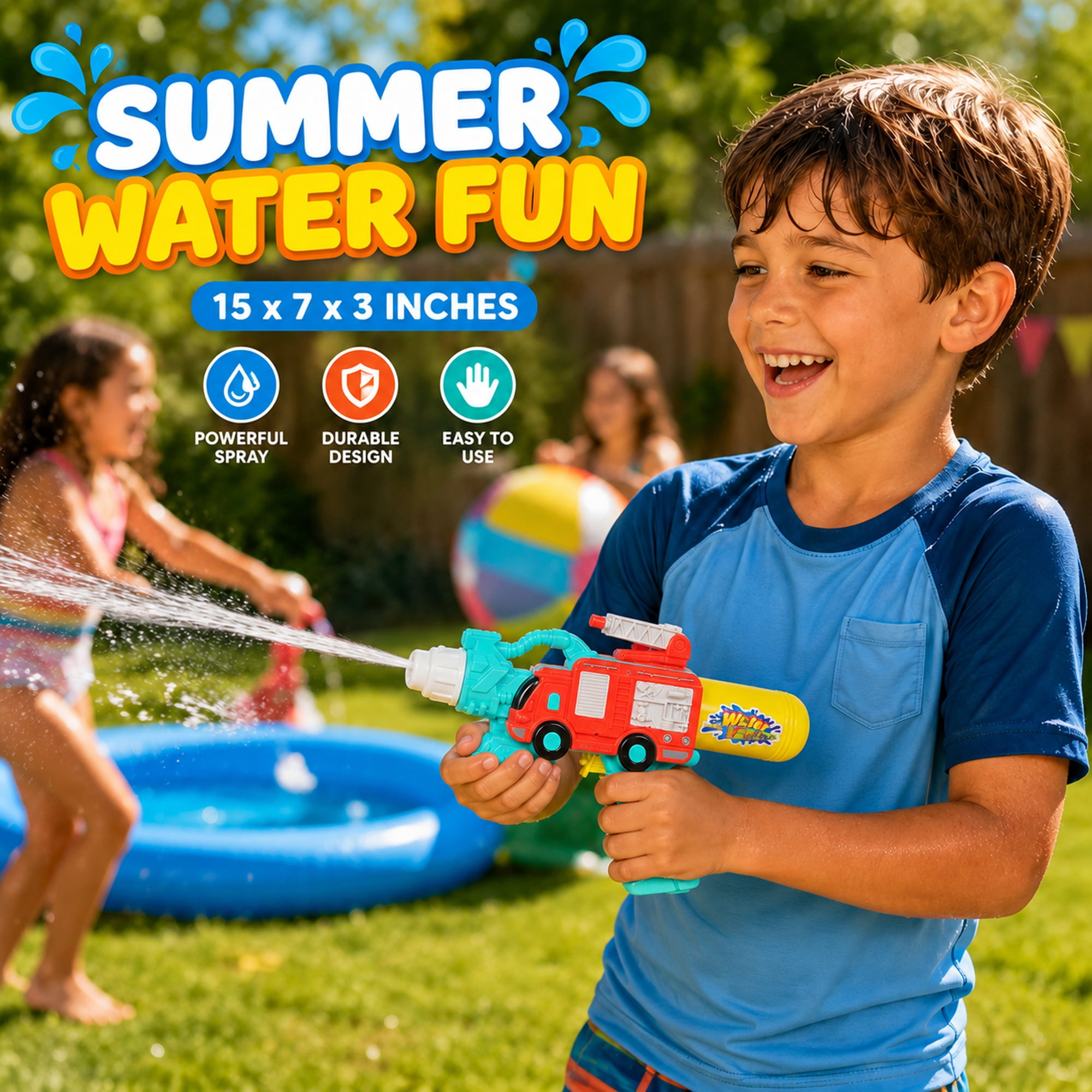 Firetruck Water Blaster Outdoor Toy, 15 Inch Water Shooter with Refillable Bottle, Tube Connection, Movable Top Ladder, Pump Action Water Spray Toy for Kids Summer Play