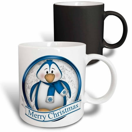 - 3dRose Cute Bright Blue and White Penguin With Merry Christmas - Magic Transforming Mug, 11-ounce