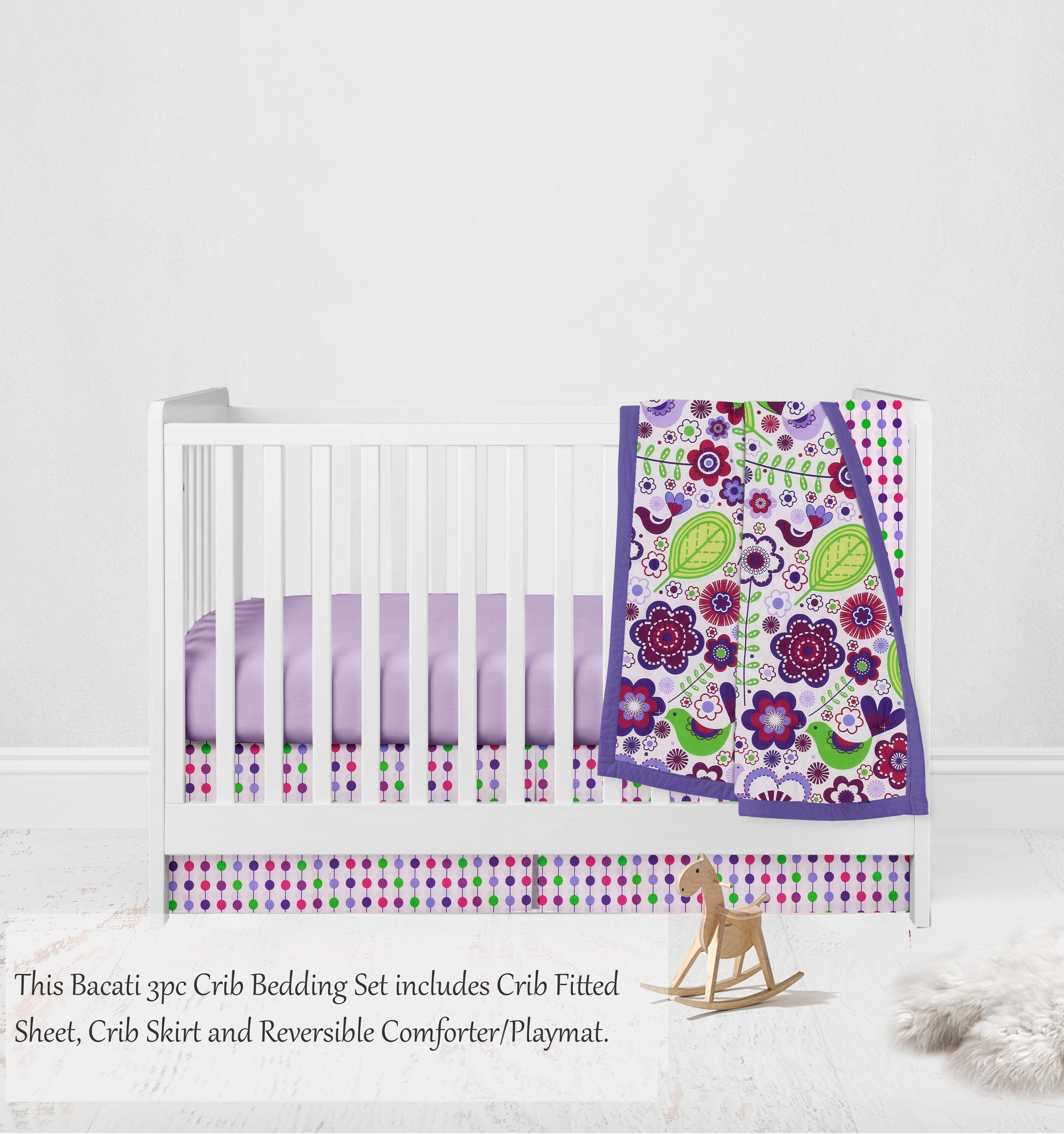 Bacati - Botanical Floral Birds 3-Piece Crib Bedding Set - Purple/Multi Girls