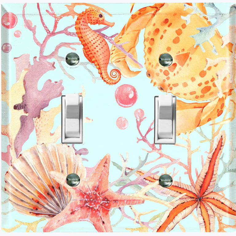 Metal Light Switch Wall Plate Outlet Cover (Ocean Starfish Seashell Coral  Reef Clam Blue - Double Toggle) 