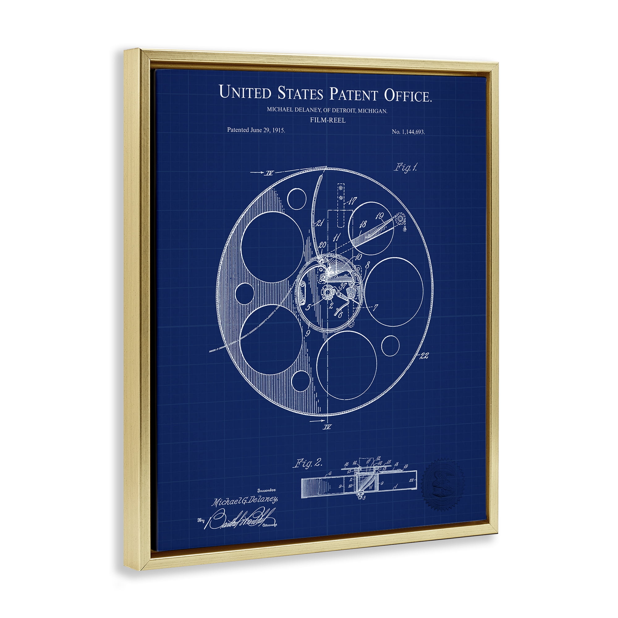 Stupell Industries Film Reel Blueprint Typography Painting Gold Floater Framed Art Print Wall Art, 17 x 21