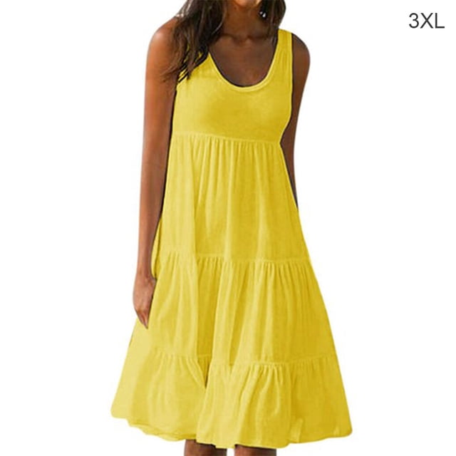 Robe Femme Col Rond Robe à Bretelles Fille Sans Manches Robe de Plage Vêtements de Plage pour Femmes, Jaune, 3TG