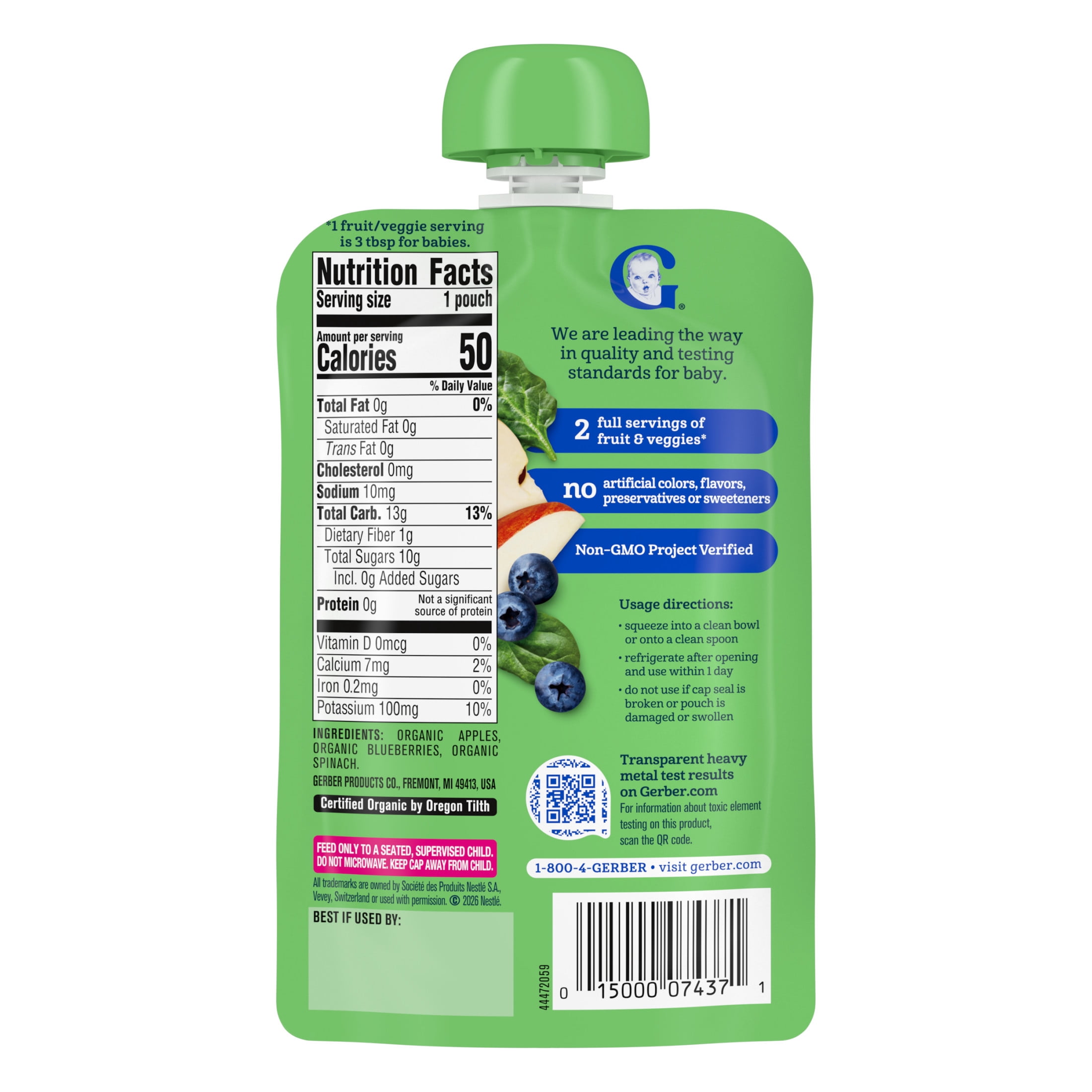 Gerber Stage 2 Baby Food, Organic Apple Blueberry Spinach Puree Pouch 3.5 oz