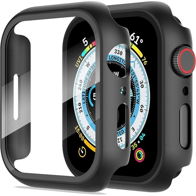 KOMI 2-Pack for Apple Watch 40mm Screen Protector Case,for iWatch Series 8/7/6/5/4/Series SE/SE 2 40mm Protection Cover All-Around Tempered Glass Screen Protector Case Ultra-Thin - Black+Black