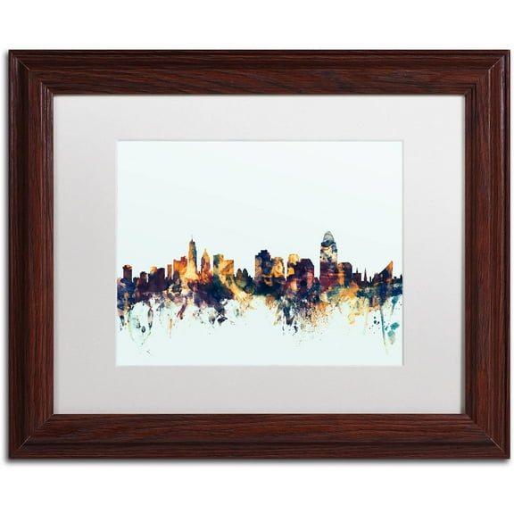 Trademark Fine Art "Cincinnati Ohio Skyline Blue" Canvas Art by Michael Tompsett, White Matte, Wood Frame