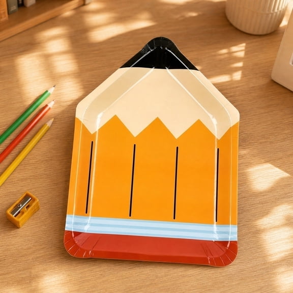Pencil Shaped Disposable Plates, 10 Pack Party Snack Plates, Food Safe Paper Plates, Orange Color