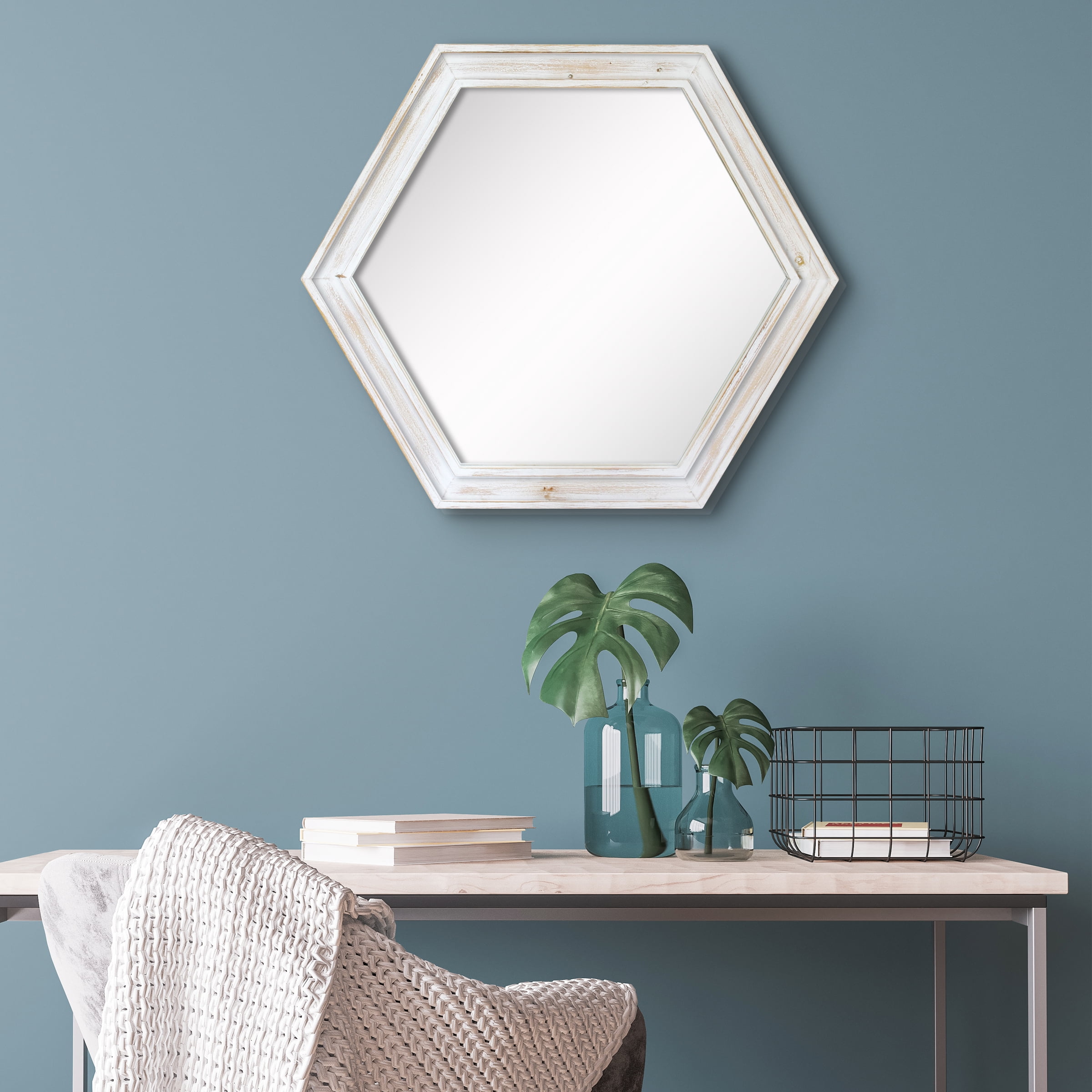 Stonebriar 23.8" x 20.6" Off-White Country Rustic Wood Hexagon Wall Mirror