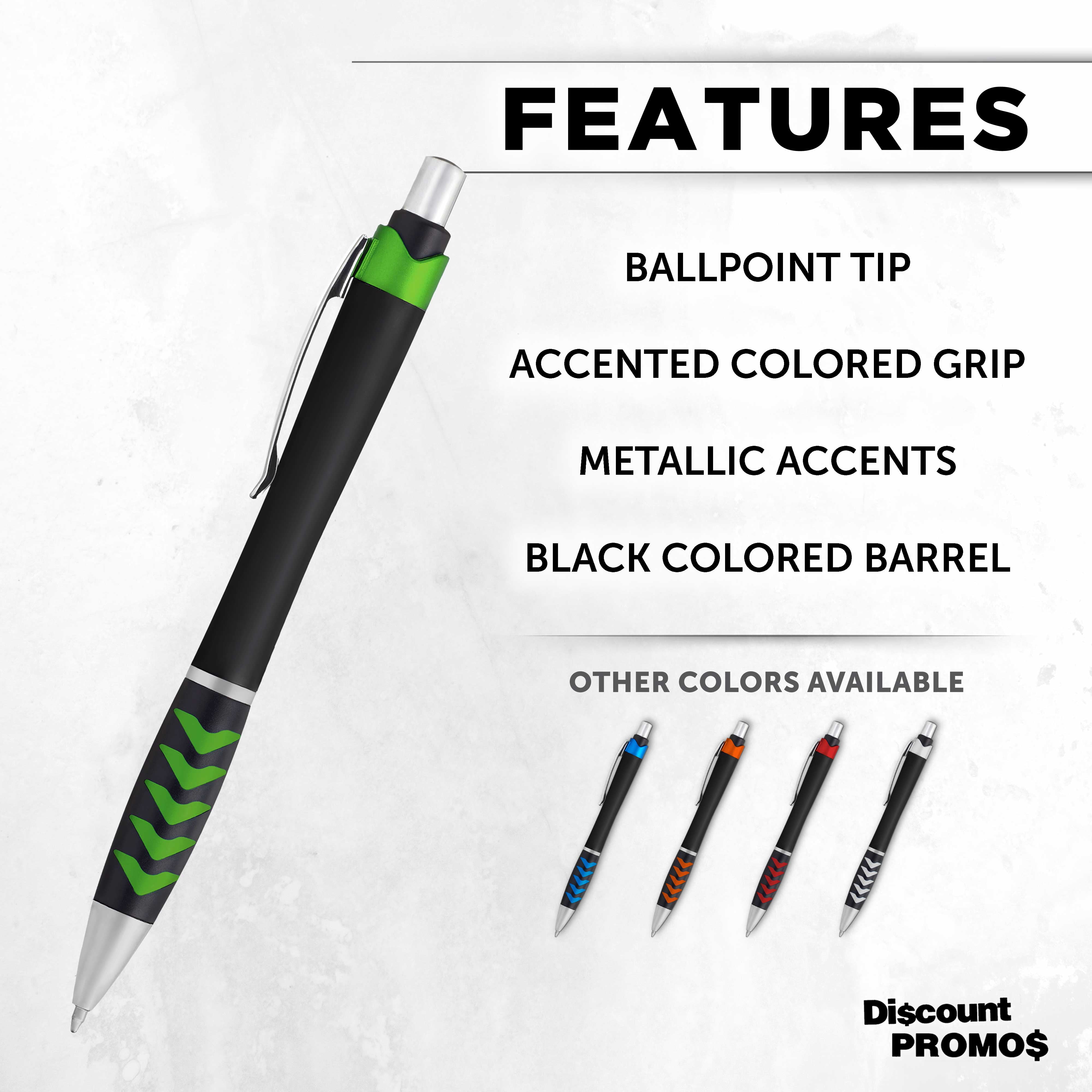 10 Racetrack Ballpoint Pens Pack - Black barrel, Colored Grip - Green