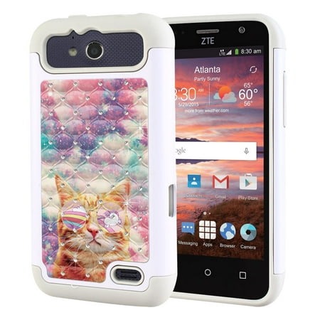 FINCIBO Hybrid Bling Sparkle Cover Case for ZTE Overture 2 2nd Gen Z810, Unicorn Cat with Glasses