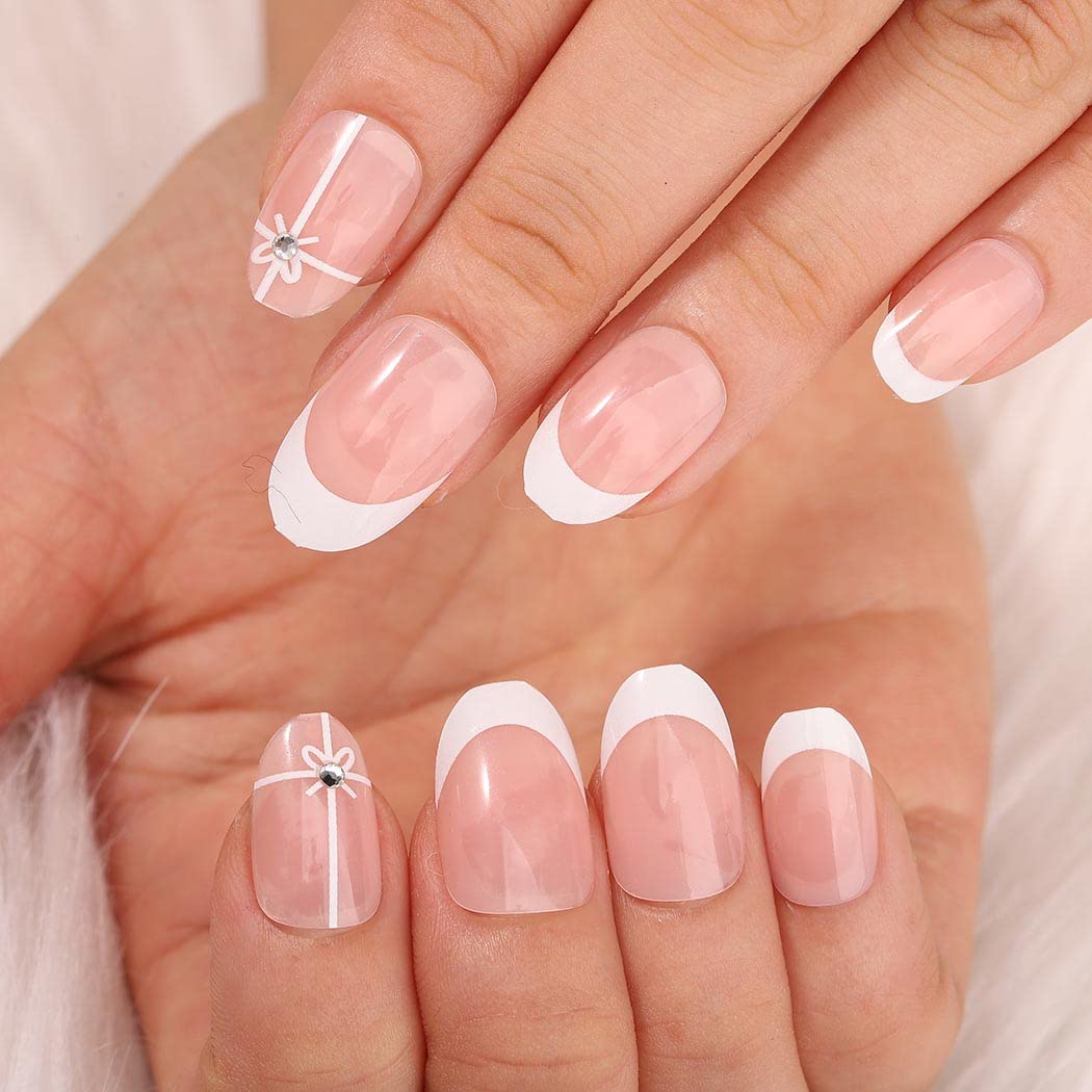 White French Press on Nails Glossy Medium Fake Nails Pink Oval False