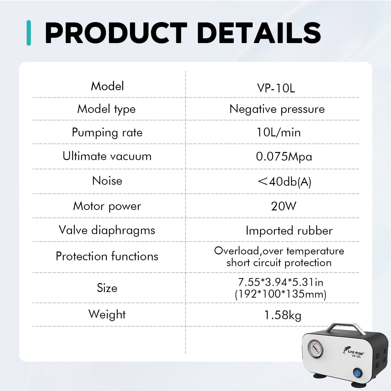 LAB FISH Oil-Free Diaphragm Vacuum Pump, 10L/min 0.075Mpa, Portable Laboratory Vacuum Filtration Pump with Rubber Hose, 110V, Maintenance-Free