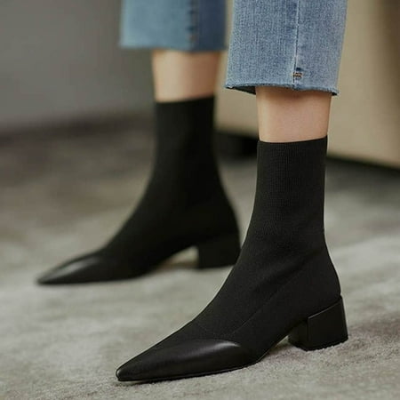 

ERTUTUYI Womens Shoes Stovepipe Elastic Socks Boots Thick Heel Set Feet Breathable Pointed TToe Boots Short Boots Black 40
