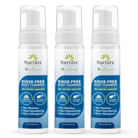Nurture Rinse-Free Body Wash, 8 oz No-Rinse Waterless Foaming Cleanser with Aloe Vera for Sensitive Skin, Elderly, Camping & Hospital Care, 3 Pack