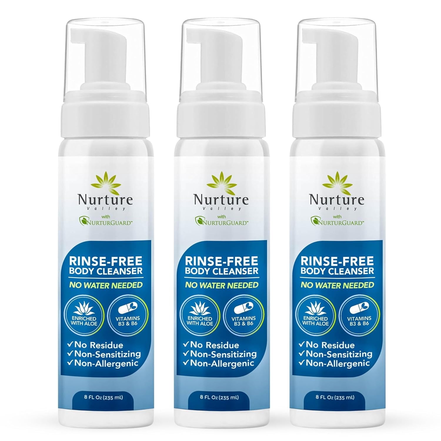 Nurture Rinse-Free Body Wash, 8 oz No-Rinse Waterless Foaming Cleanser with Aloe Vera for Sensitive Skin, Elderly, Camping & Hospital Care, 3 Pack