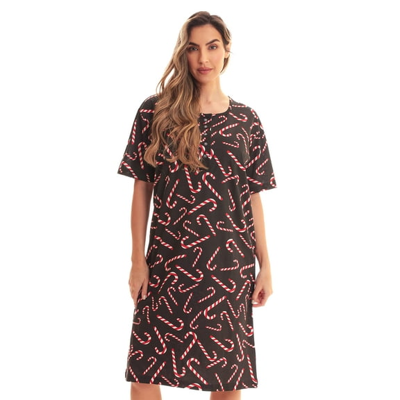 Just Love Short Sleeve Nightgown Sleep Dress for Women (Black - Candy Cane, 2X)