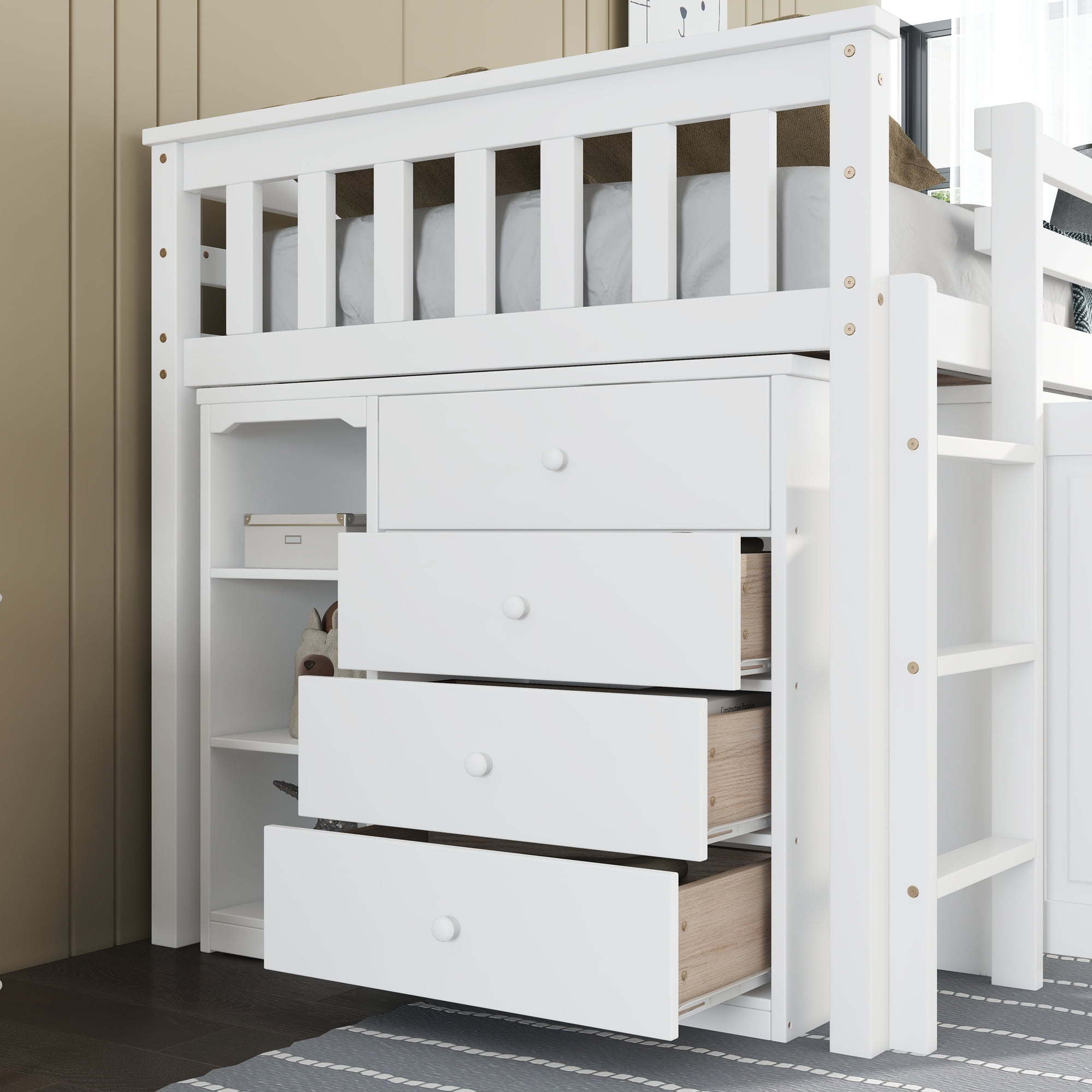 Euroco Wood Twin Size Loft Bed with Drawers and Cabinets, Pulling Out Desk and Shelves, White