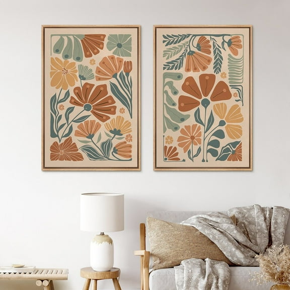 IDEA4WALL Framed Canvas Print Wall Art Set Orange Wildflowers Illustration Fine Art Decorative Bohemian Colorful Floral Botanical Artwork for Living Room, Bedroom, Office - 24"x36"x2 Natural