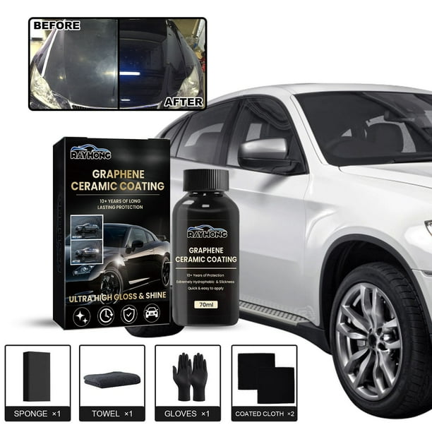 Kit de recubrimiento cerámico de grafeno para coches (70ml) - Protección de 10+ años - Ultra alto brillo e hidrofóbico - incluye esponja aplicadora, toalla y guantes
