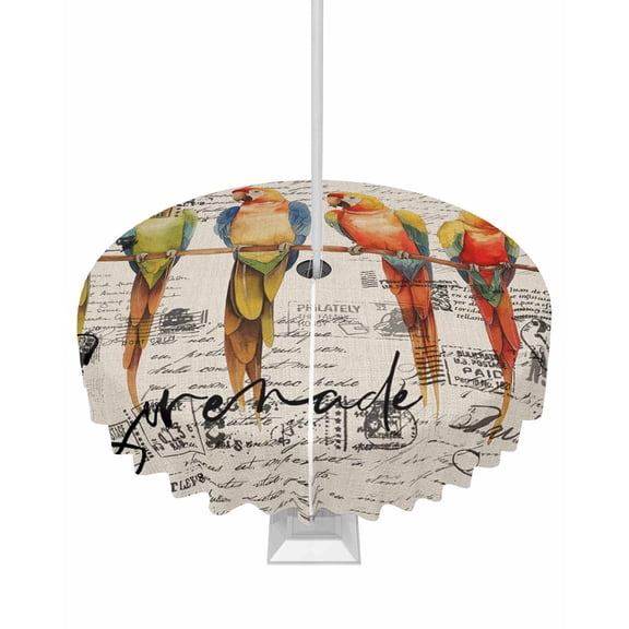 Fsddascl Colorful Birds Outdoor Tablecloth - 60 Inch Round Dining Table Cover, Vintage Farmhouse Envelope Postmark Waterproof Outdoor Table Cloth with Umbrella Hole & Zipper for Picnic/Patio/Party