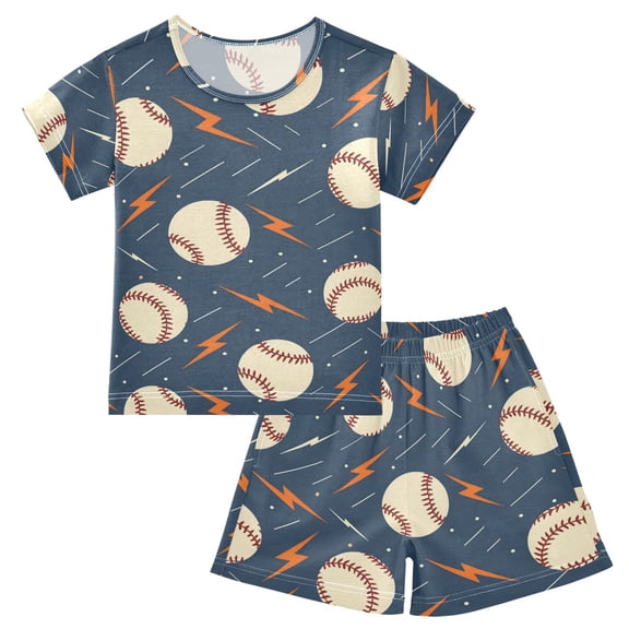 joogoo Baseballs with Lightning Pattern Pajama Sets Short Sleeve Cotton 2-Piece Sleepwear 10Y