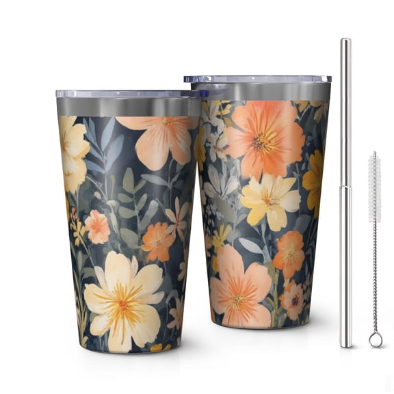 16oz Tumblers Pioneer Flower Floral Print Pattern Stainless Steel Vacuum Insulated Double Wall Travel Tumbler Cups Mug with Lid and Straw,Cleaning Brush for Coffee,Tea