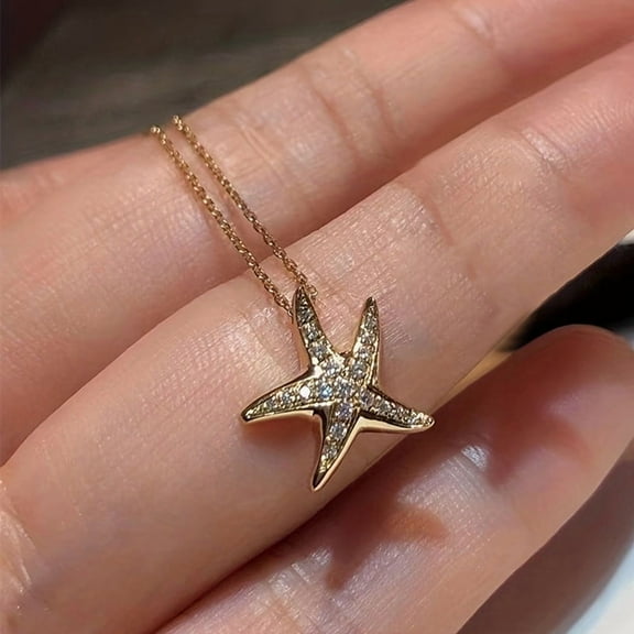 Unique Creative Starfish Pendant Necklace Crystal 14K Plated Collarbone Necklace For Women Party Jewelry Birthday Gift,Golden