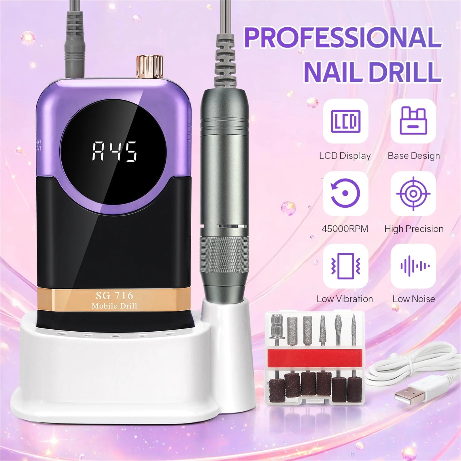45000RPM Rechargeable Nail Drill Machine Desktop Polishing Machine Electric Nail File 1800mAh Battery Nail Tools