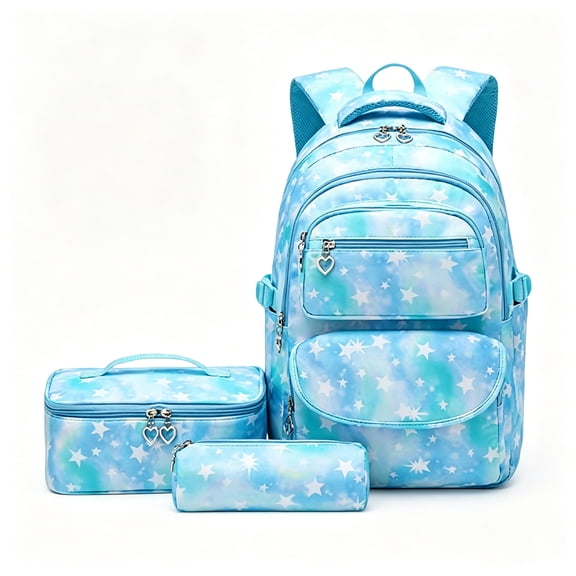 Girls School Backpack Set 3 Piece Tie Dye Laptop Bag with Lunch Box Pencil Case, Cute Bookbag for Teen Boys Kids Elementary Middle School, Blue Nylon