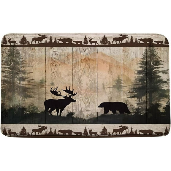 Rustic Cabin Bath Mat Bear Deer Forest Print Country Farmhouse Wooden Board Retro Lodge Hunting Camping Bathroom Rugs 24x16