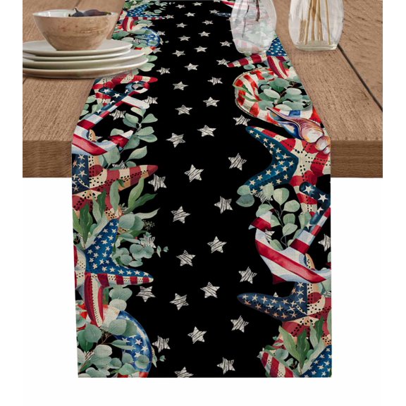 Hokiten Table Runners 48 Inches Long Dress Scarves, 4th of July Farmhouse Kitchen/Dining Table Runner, Short Coffee Tablerunners, Independence Day Star Botanical Black 13x48 Inch