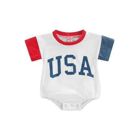 

Infant Baby Girls Boys 4th of july Independence Day Jumpsuit Colorful Short Sleeves USA Letter Print Rompers Toddler Bodysuit
