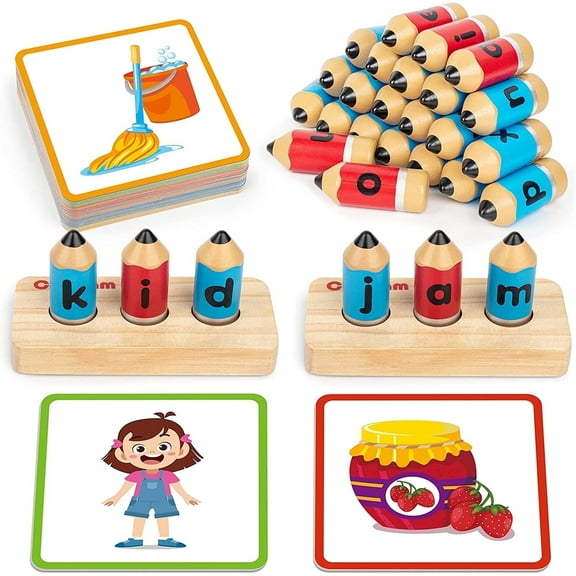 Coogam Wooden Spelling Games, Learn to Spell CVC Sight Words Educational Flashcards Alphabet Toy for 3 4 5 Years Old
