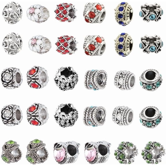 1 Box 15 Styles Spacer Beads Alloy Rhinestone European Beads Jewelry Bead Charm Spacers Large Hole for DIY Bracelets Necklaces Jewelry Making DIY Crafts