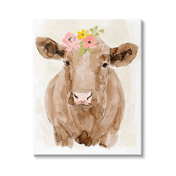 Delicate Blooms Cow Portrait Animals & Insects Graphic Art Gallery Wrapped Canvas Print Wall Art