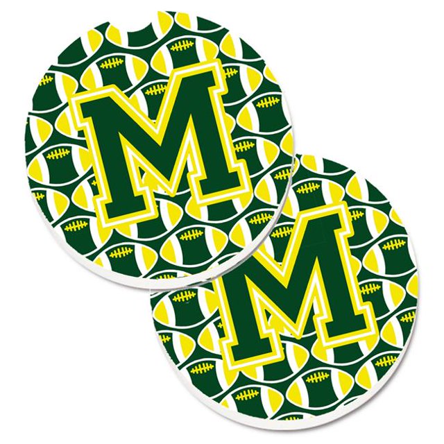 Letter M Football Green & Yellow Set of 2 Cup Holder Car Coaster