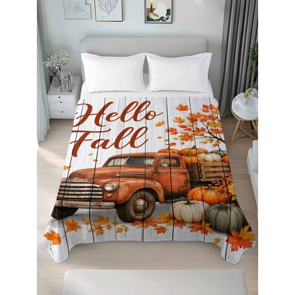 Queen Size Flat Sheet Only,Hello Fall Words Brown Truck Soft Top Bed Sheets Breathable Bedding Sheet Maple Leaves Sunflowers Microfiber Hotel Luxury Top Sheets