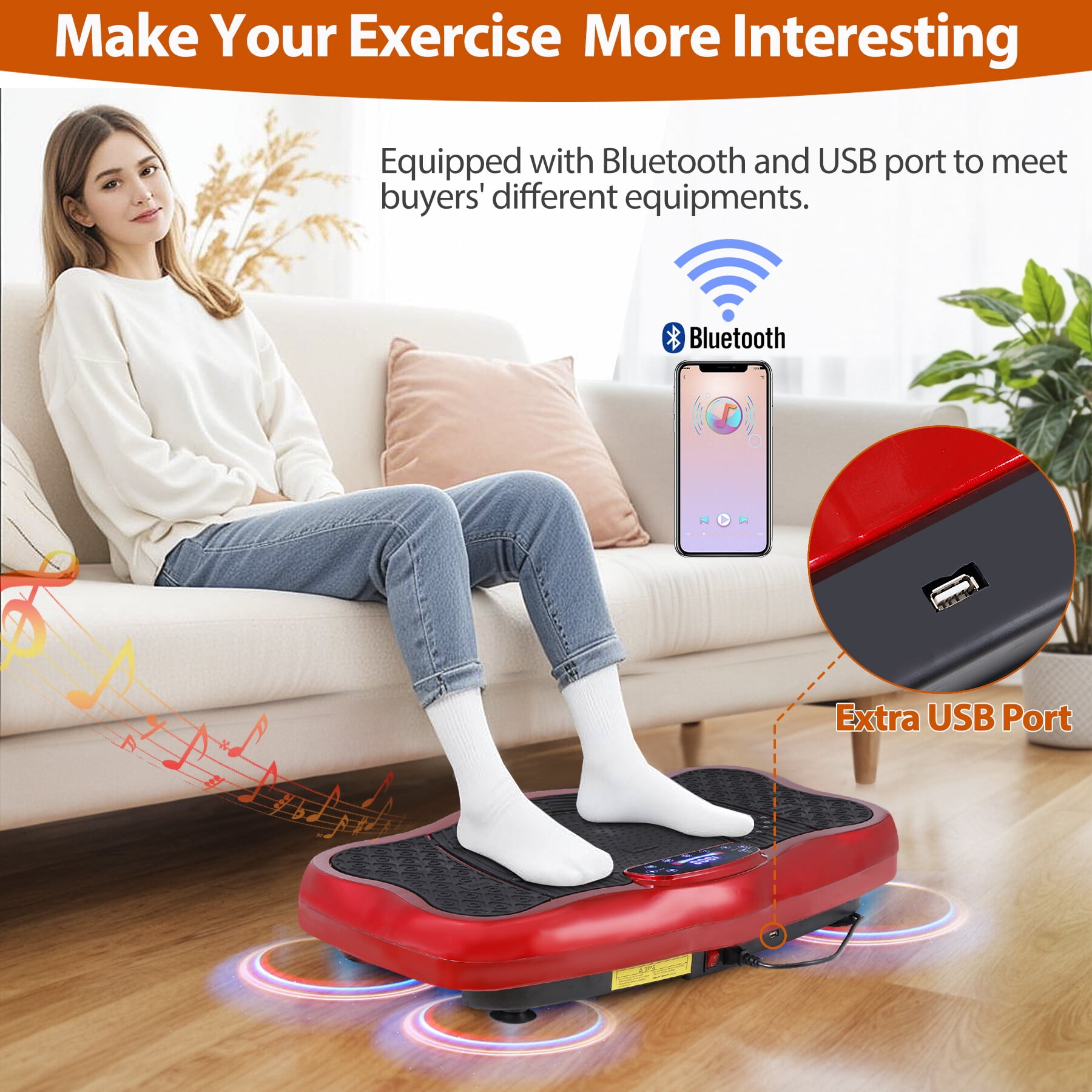 HomGarden Vibration Plate Exercise Machine 120 Levels Full Body Fitness Workout Platform Lymphatic Drainage W/Bluetooth, USB Port, Remote, Red