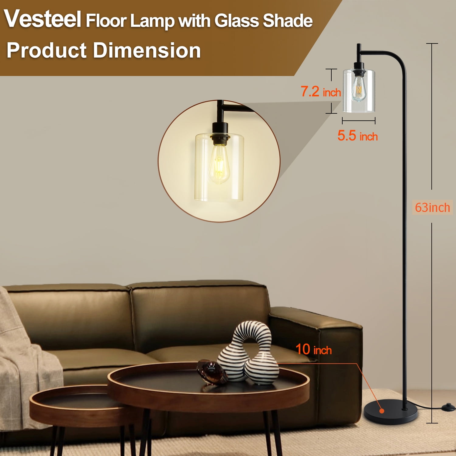 Vesteel Arc Floor Lamp for Living Room, Modern Standing Lamp with Glass Lampshade, Industrial Metal Tall Lamp for Home Bedroom Office, Foot Pedal Switch & LED Bulb Included