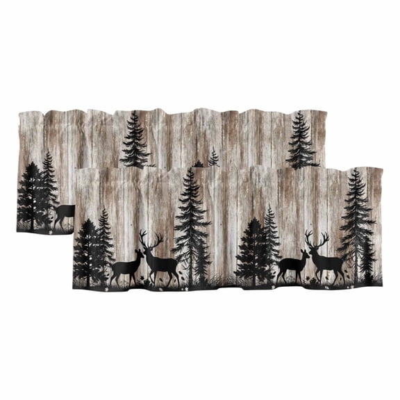 2 Pack Valances for Window, Deer Silhouettes Short Curtains for Kitchen Bedroom Living Room, Trees Wooden Retro Art Farmhouse Rod Pocket Small Window Treatment Valance Drapes 42 x 18 Inch