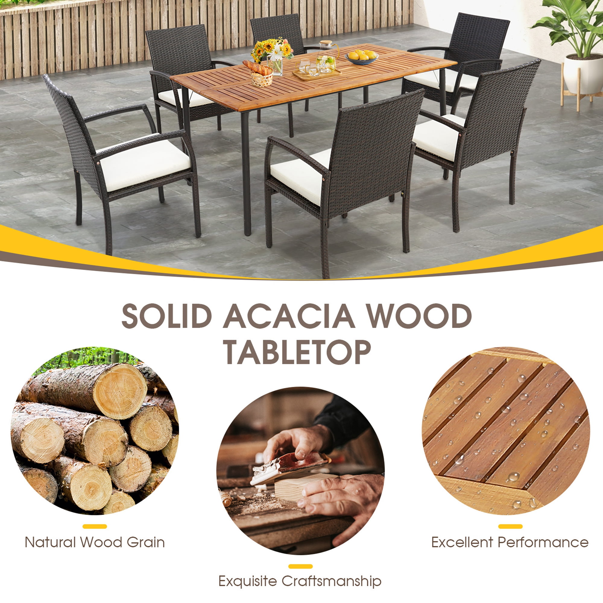 Costway Patio Rectangular Acacia Wood Dining Table with 1.9''Umbrella Hole  Indoor&Outdoor